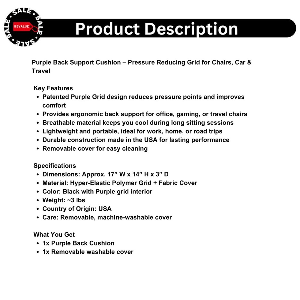 Purple Back Support Cushion – Pressure Reducing Grid for Chairs, Car & Travel - Picture 2 of 7